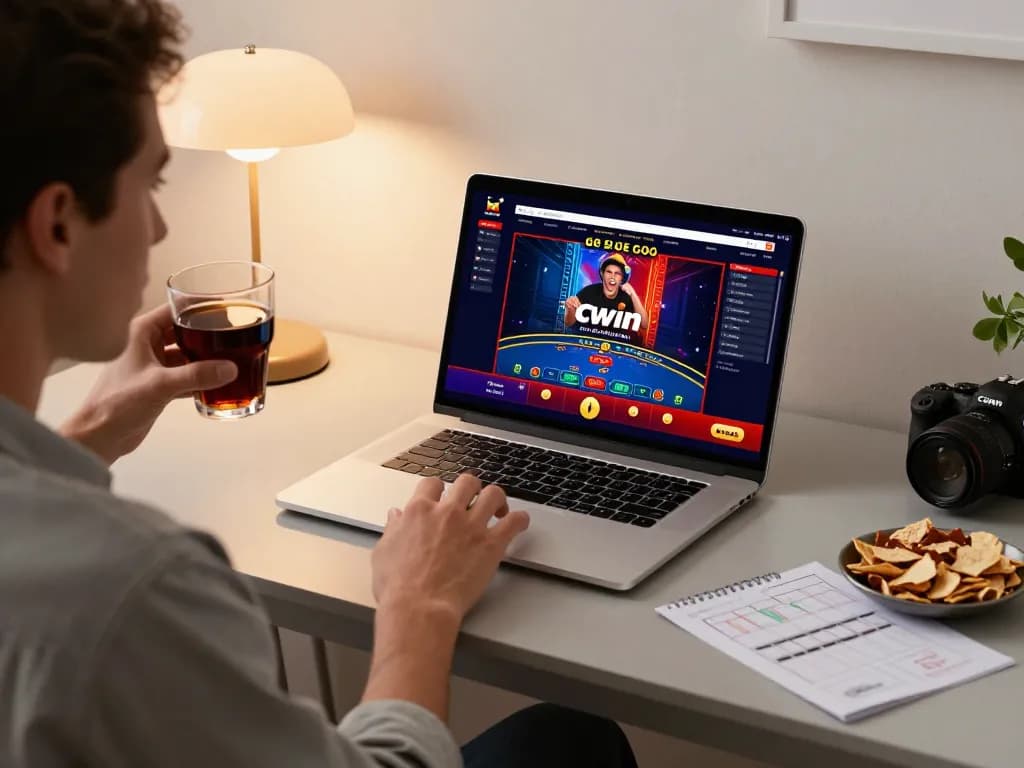 Cwin online casino gameplay setup showcasing a vibrant interface on a laptop with engaged player, warm lighting, and strategic notes.