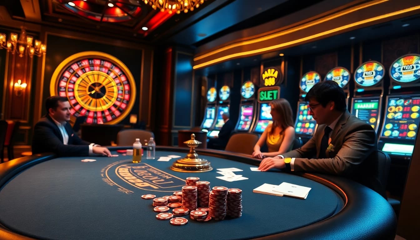 Engaging poker players enjoy a high-stakes game featuring bangsawan88 branding in an elegant casino.