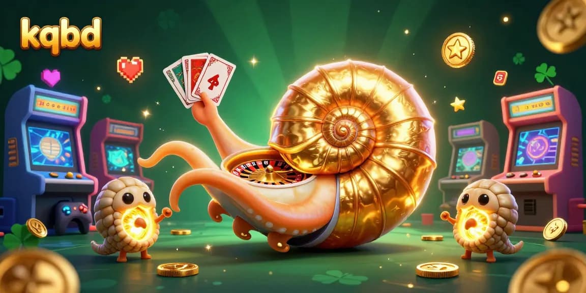 Engage with kqbd's dynamic gaming scene showing a giant nautilus roulette wheel, cards, and vibrant arcade elements.