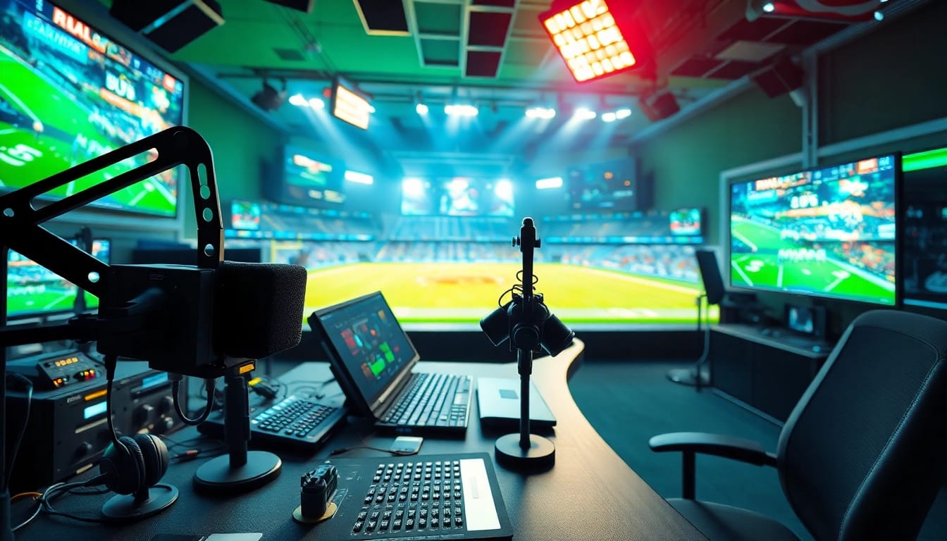 Engaging sports broadcasting scene featuring a professional announcer, high-tech monitors, and vibrant atmosphere.