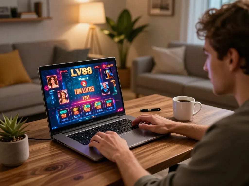 Engaging home gaming setup focusing on LV88 online casino interface with cozy atmosphere