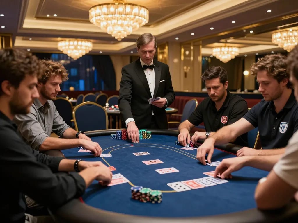 Kkwin players engaging in high-stakes poker game at luxury casino with dealer managing bets