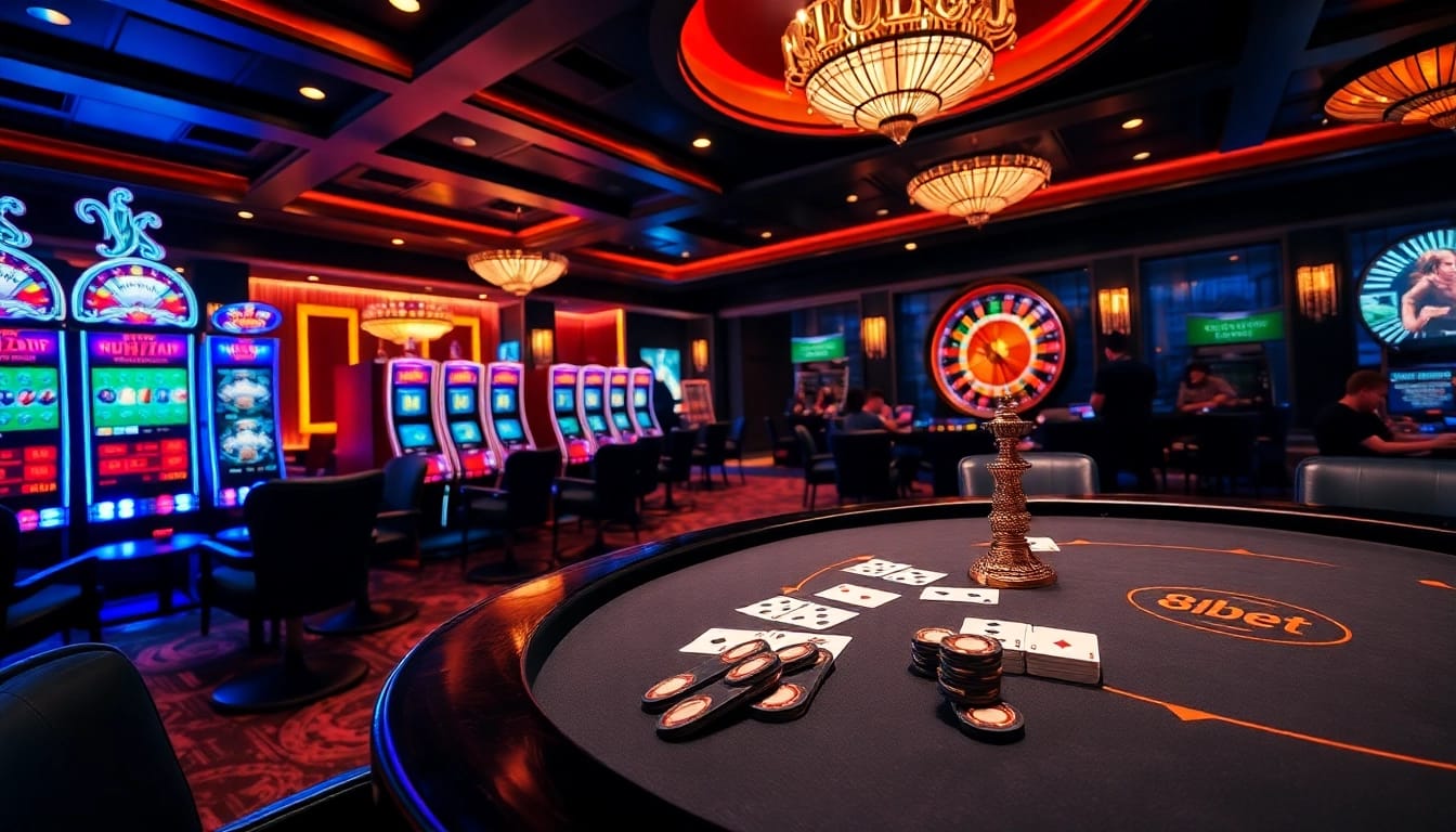 Players enjoying the excitement of 8kbet at a luxurious casino table filled with chips and cards.