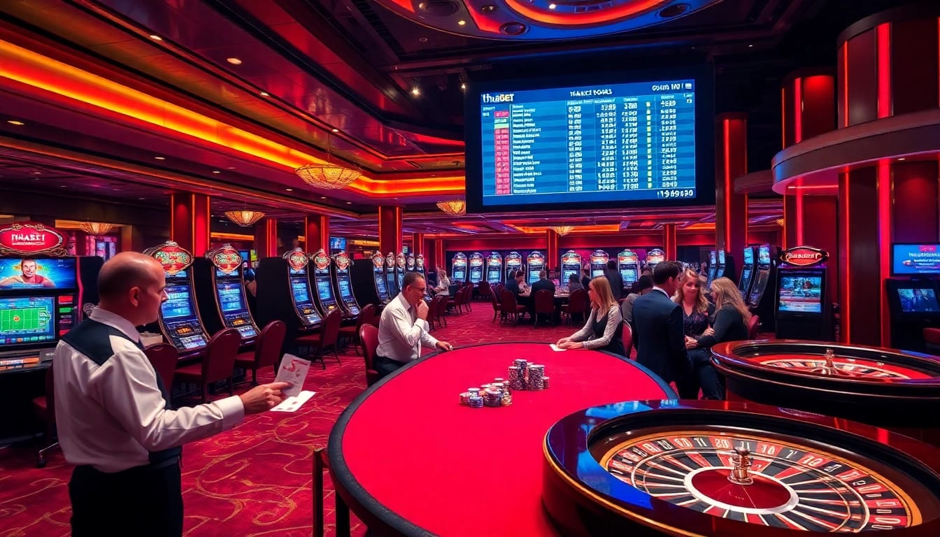 THABET casino scene with players engaging at card tables and vibrant slot machines.