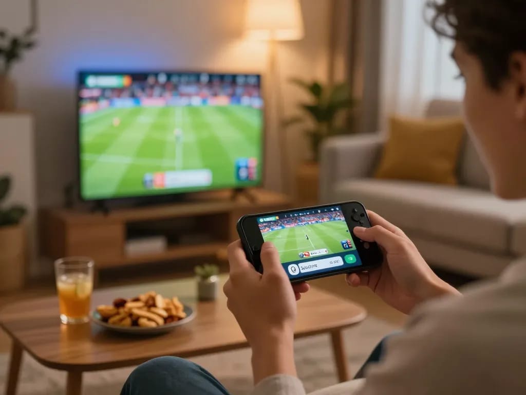 Socolive mobile user immersed in a live football match on smartphone in a cozy environment