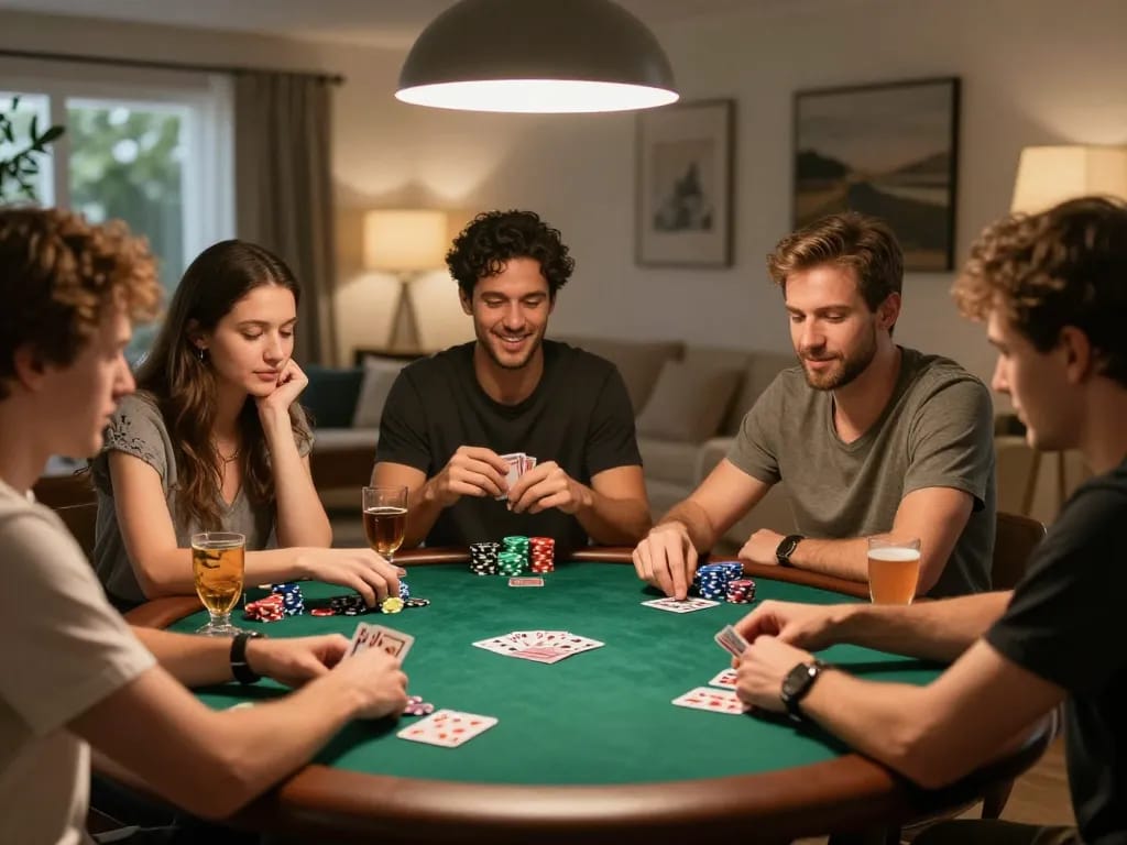 Good88 enthusiasts enjoying a thrilling home poker night, lively conversation and competitive spirit.