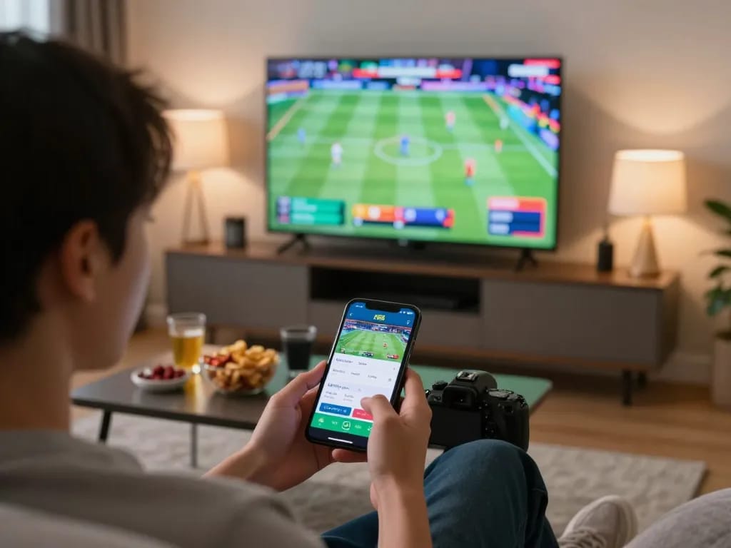 The dynamic online sports betting scene with n88 app on smartphone, showing excitement and engagement.