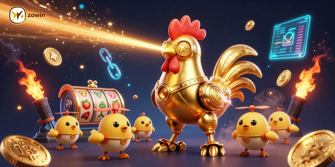 Zowin's golden rooster robot and chick drones lead a vibrant casino scene with slots and crypto elements.