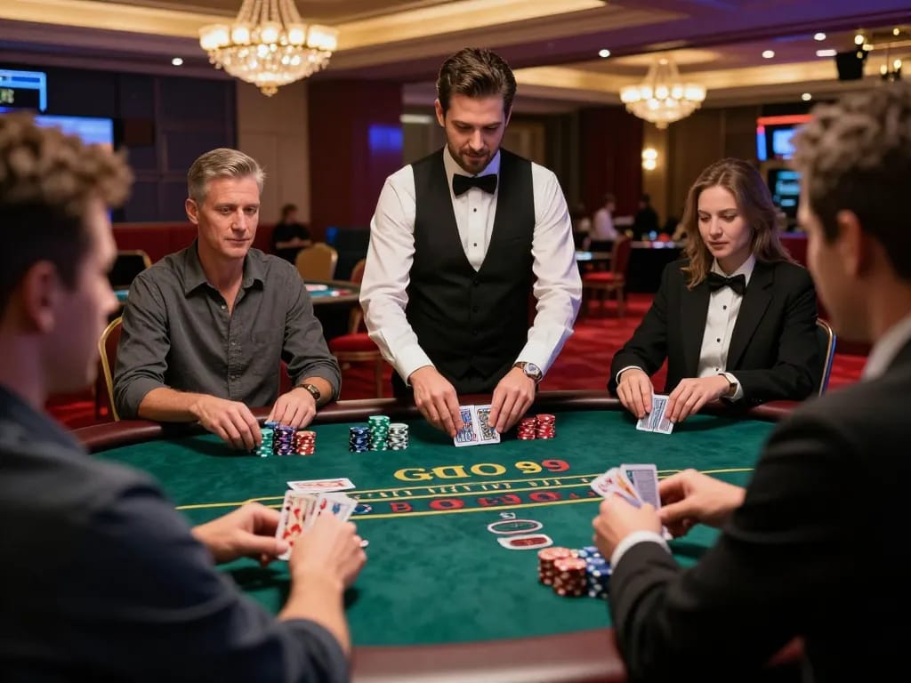 Engaged players strategizing in a thrilling GO99 blackjack game at a luxurious casino table.