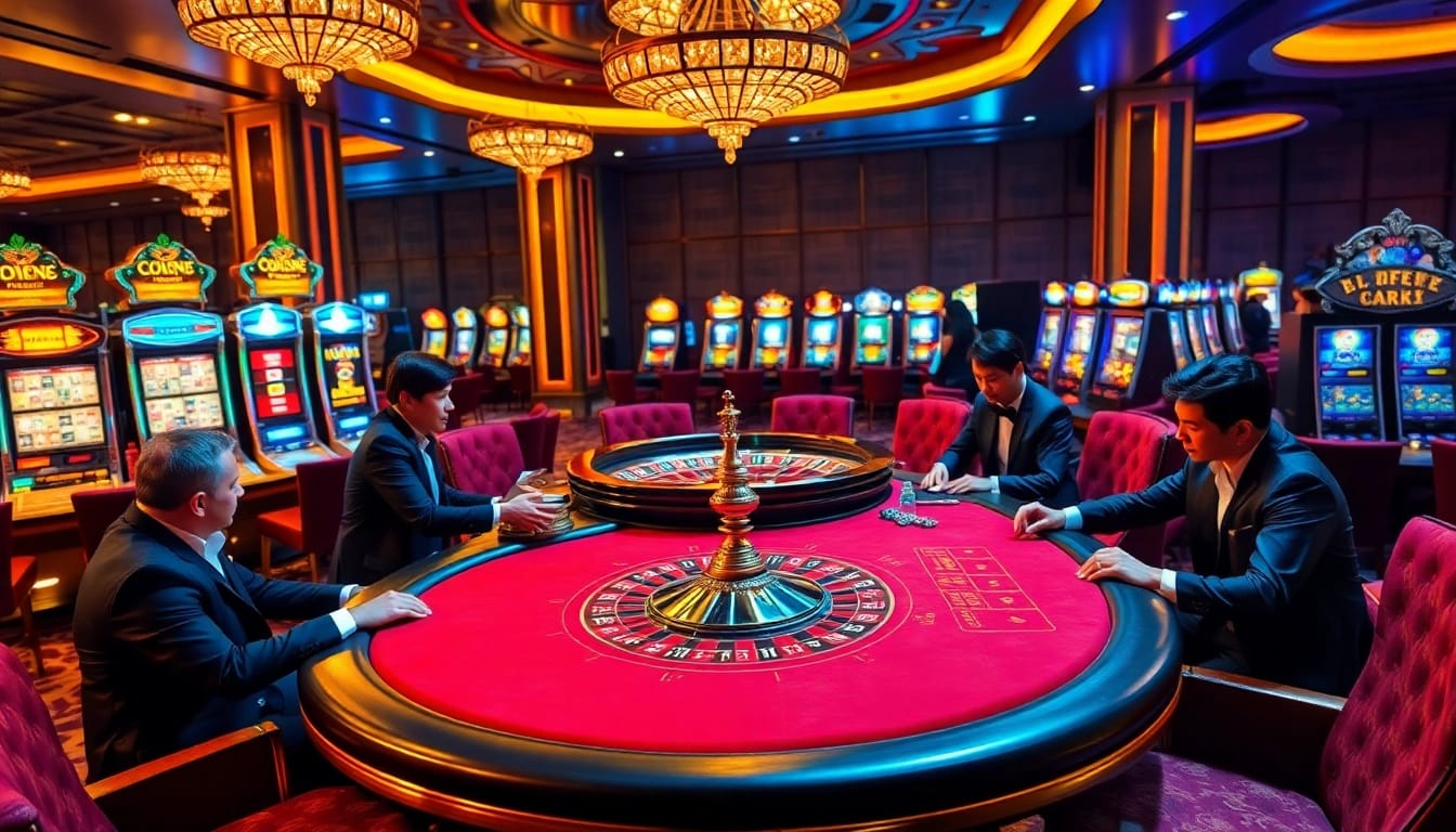 Experience the excitement of LC88 Vip with elegant gaming scenes featuring luxury poker tables and roulette wheels.