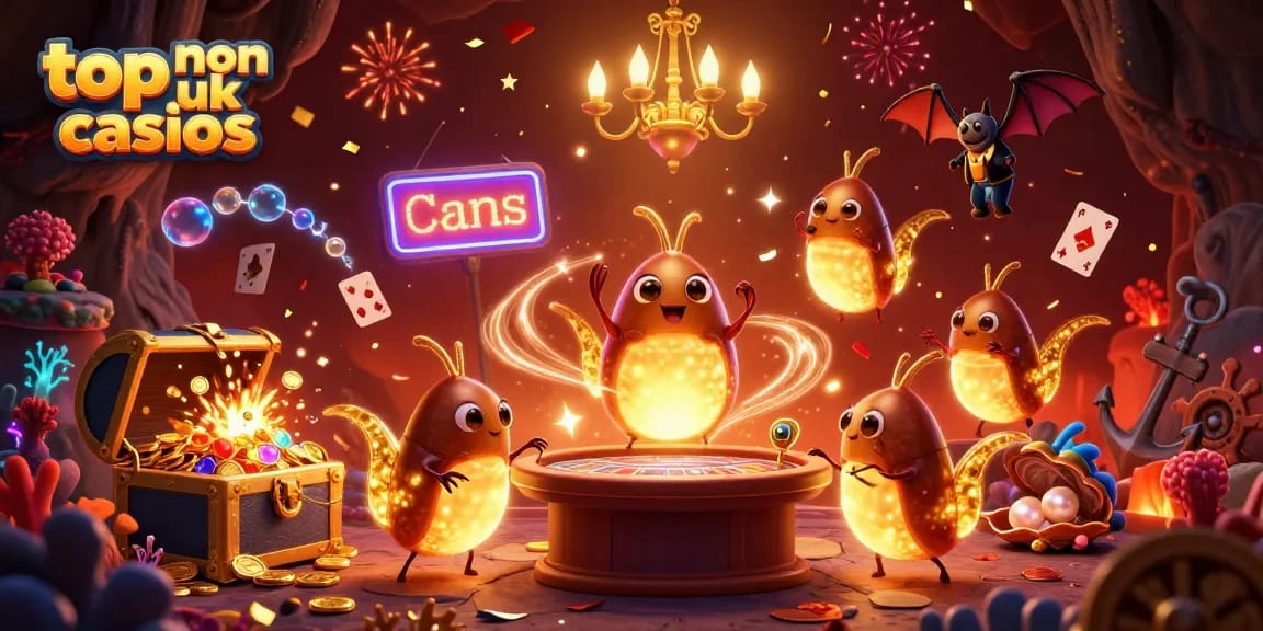 Experience the vibrant atmosphere of top non UK casinos with glowworms illuminating a cave casino scene.