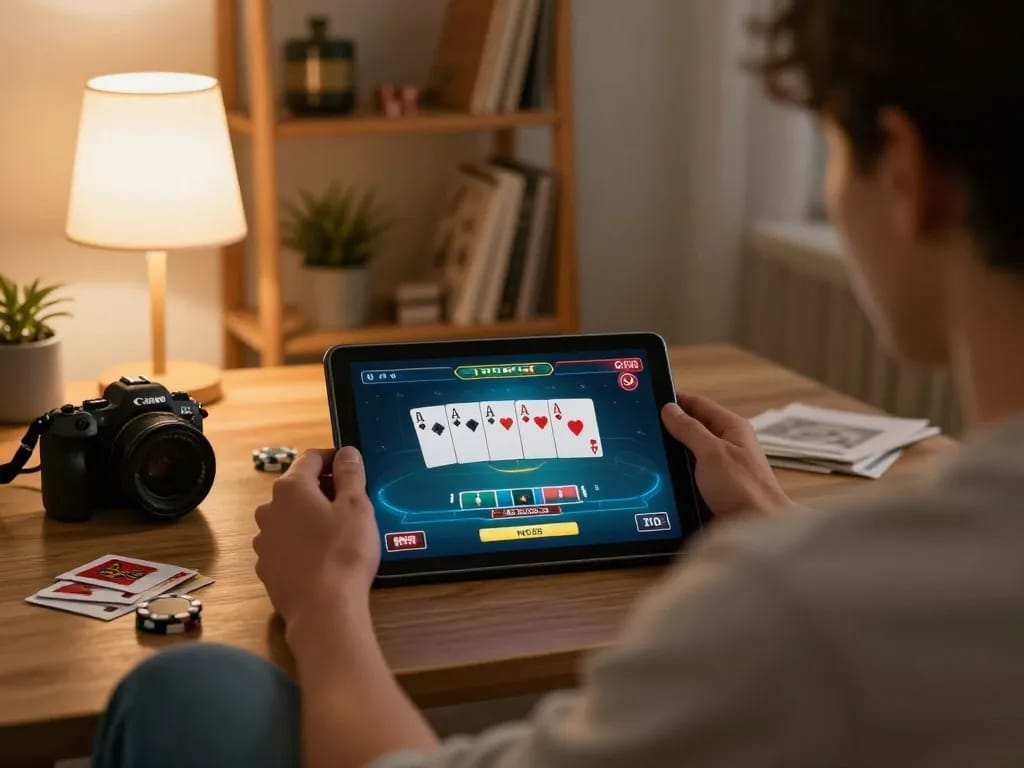 Engaging in online gaming with NK88 on a tablet in a cozy home setting.