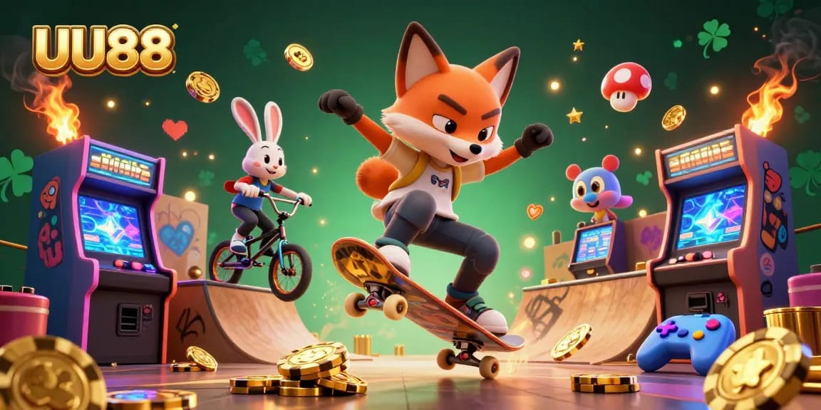 UU88 cartoon illustration with fox and rabbit in a vibrant casino-themed scene.