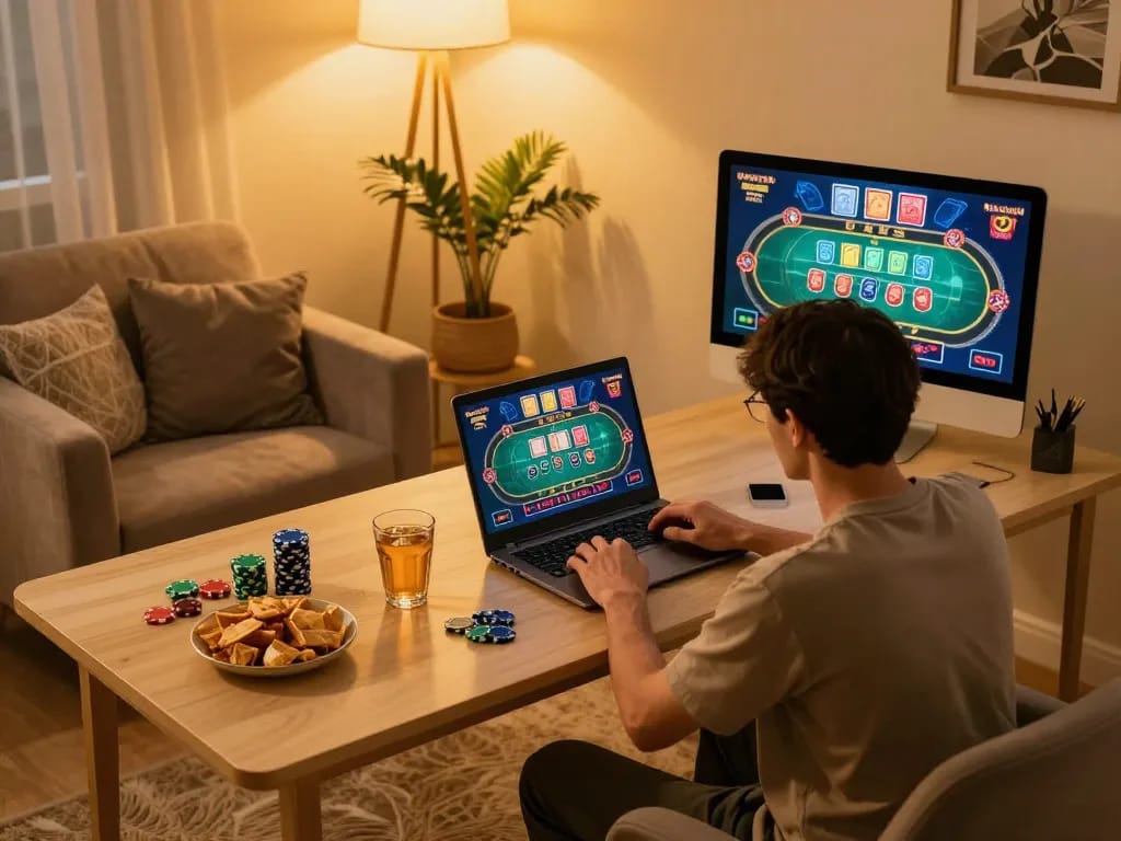 Player engaging in online casino game on laptop at home, enjoying Hitclub's gaming experience.