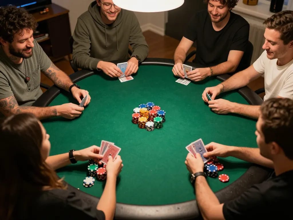 Fly88 players strategizing during a lively poker night, showcasing excitement and interaction