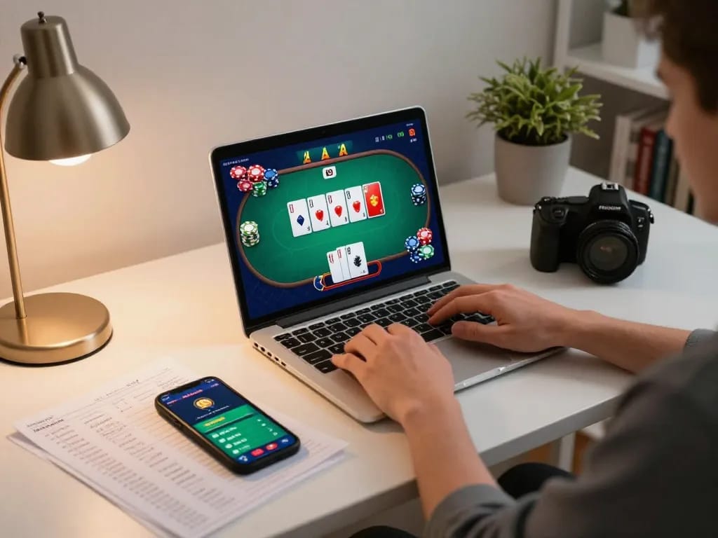 Explore exciting poker strategies on Fabet using a laptop for online gambling sessions.