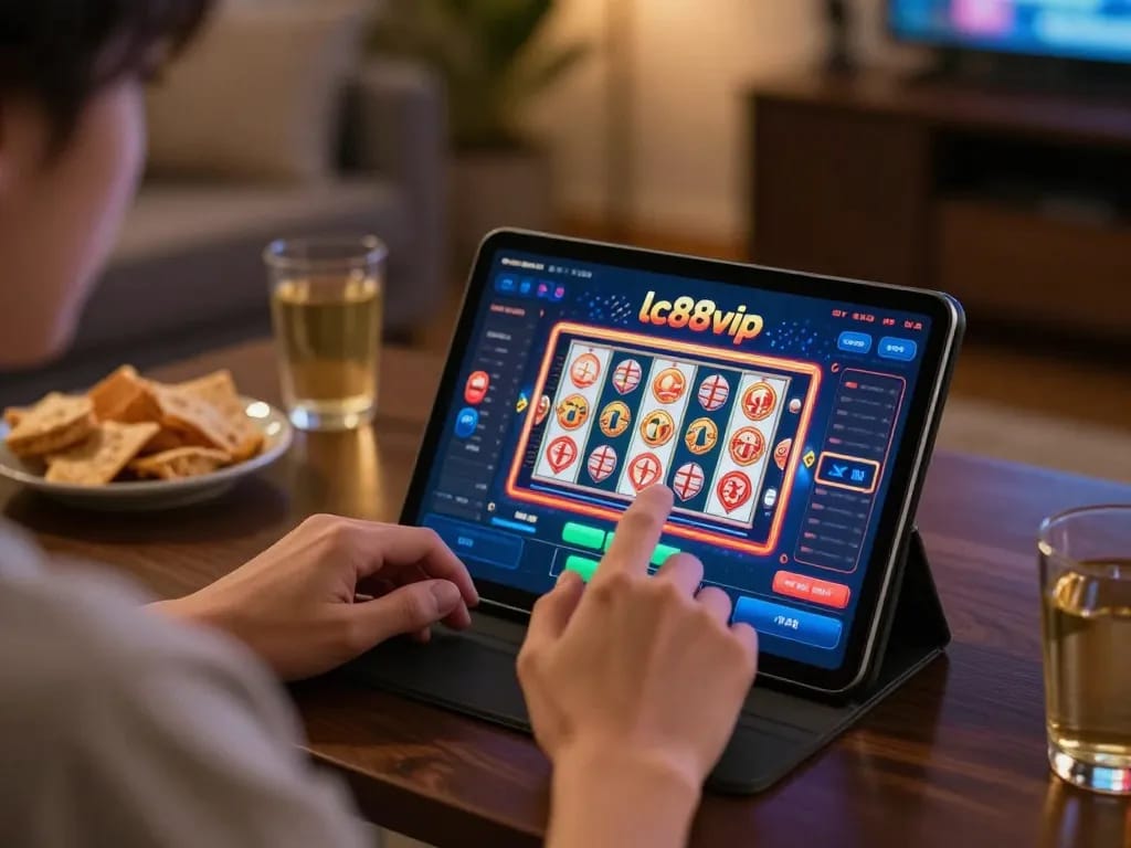 Player engaging with lc88vip app on tablet in a cozy setting, showcasing online gaming excitement.
