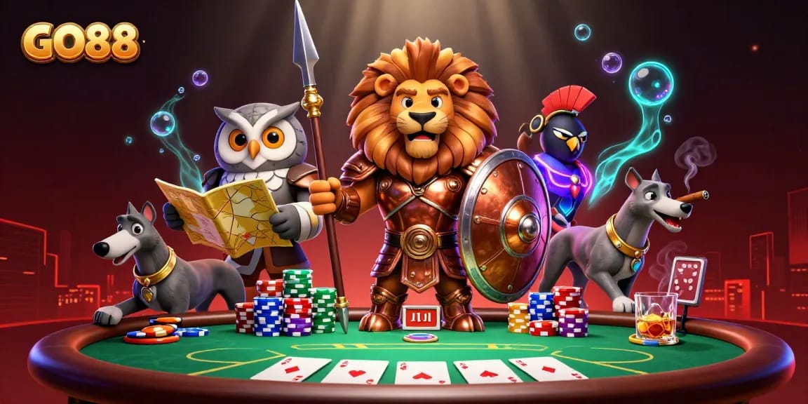 GO88 casino scene depicting a Spartan lion, owl strategist, and greyhound messenger at the poker table.