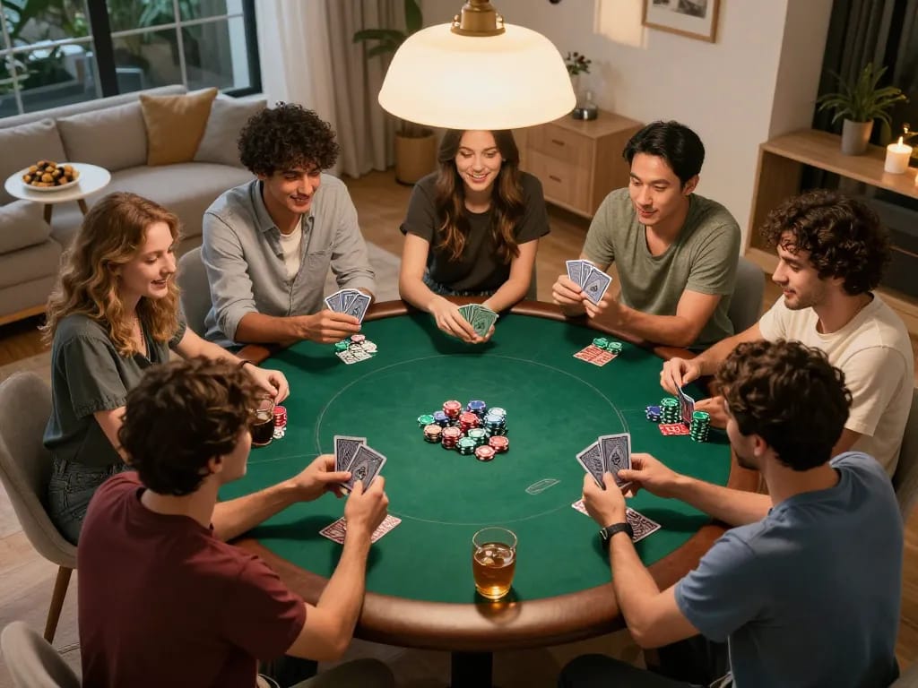 Engaged players at a friendly poker night showcasing a fun atmosphere for Nhà cái SHBET.