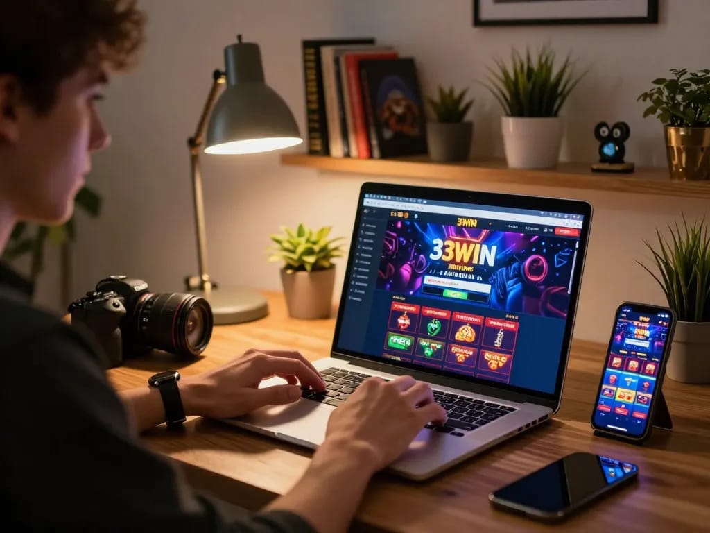Engaging online gaming experience with 33WIN interface on a laptop, showcasing strategic gameplay.