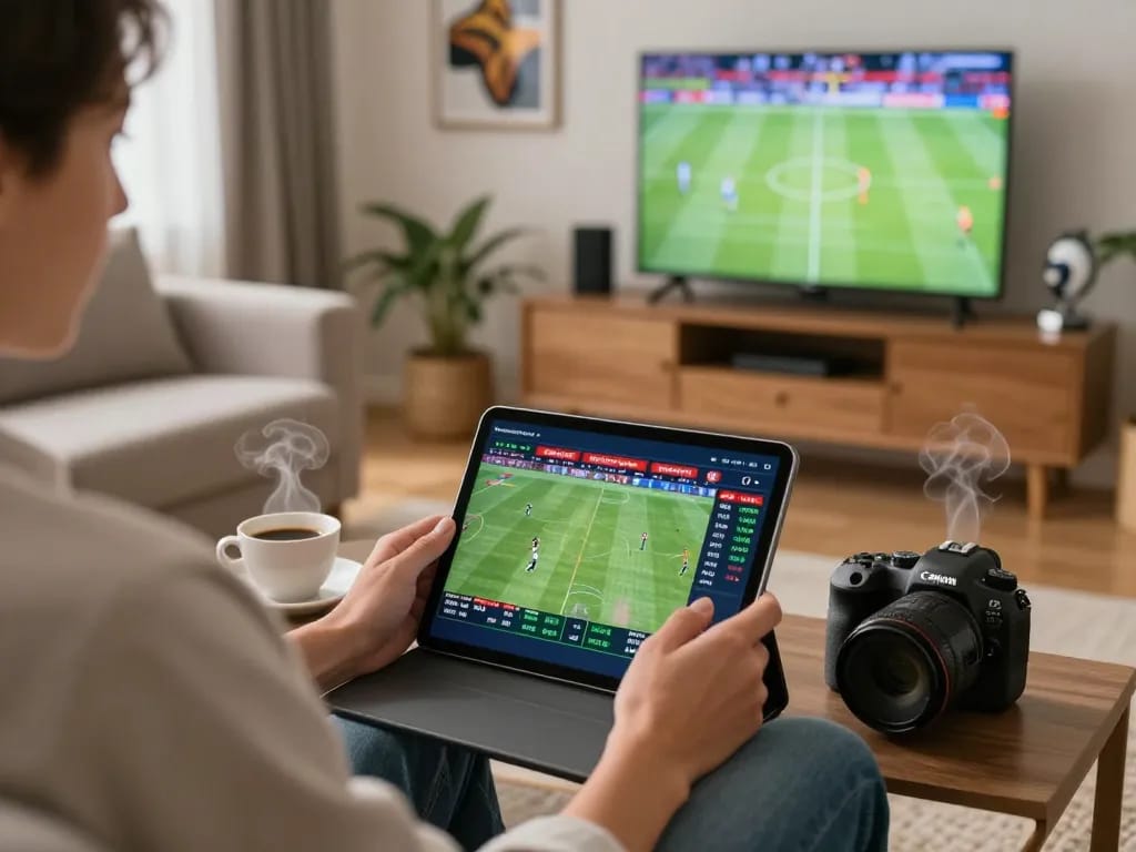 Bsport user engaging in strategic live sports betting on a tablet at home with warm ambiance.