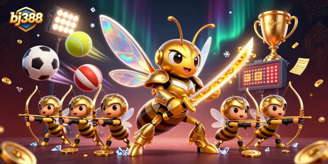 Experience thrilling betting at bj388 with lively sports elements, golden trophy, and dynamic characters.