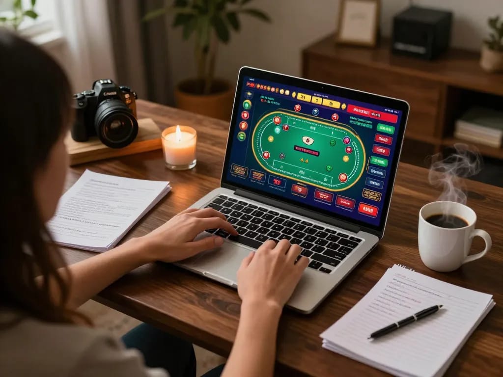 Engaging gambling session at home, enjoying poker on 58win's platform, cozy setup.