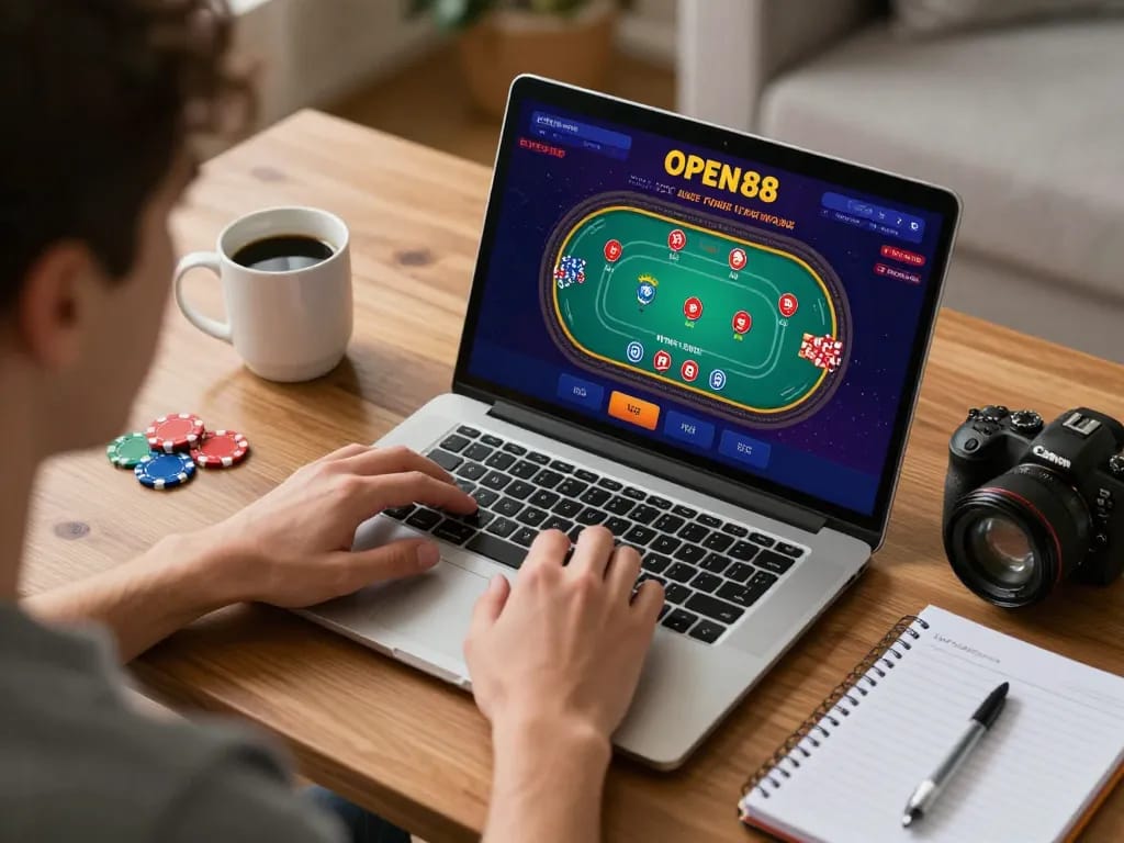 Engaging online gaming moment on open88 platform with colorful poker interface and personal strategy notes.