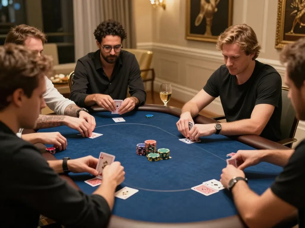Players strategizing and enjoying poker at a luxurious home game, with chips and cards during 33win event.