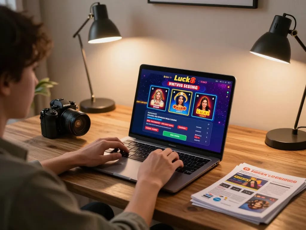 Engaging moment in online gambling with luck8 displayed on laptop in a cozy home setting.