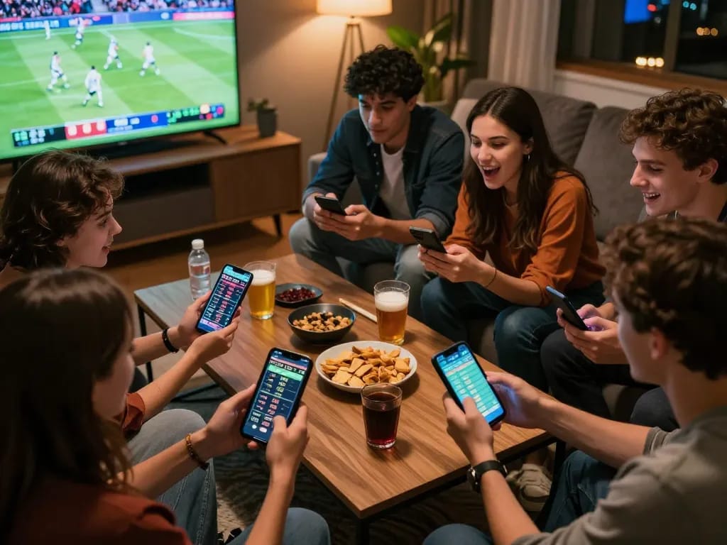Engaged friends discussing sports betting strategies while using 789WINCOM TOWN apps on their devices.