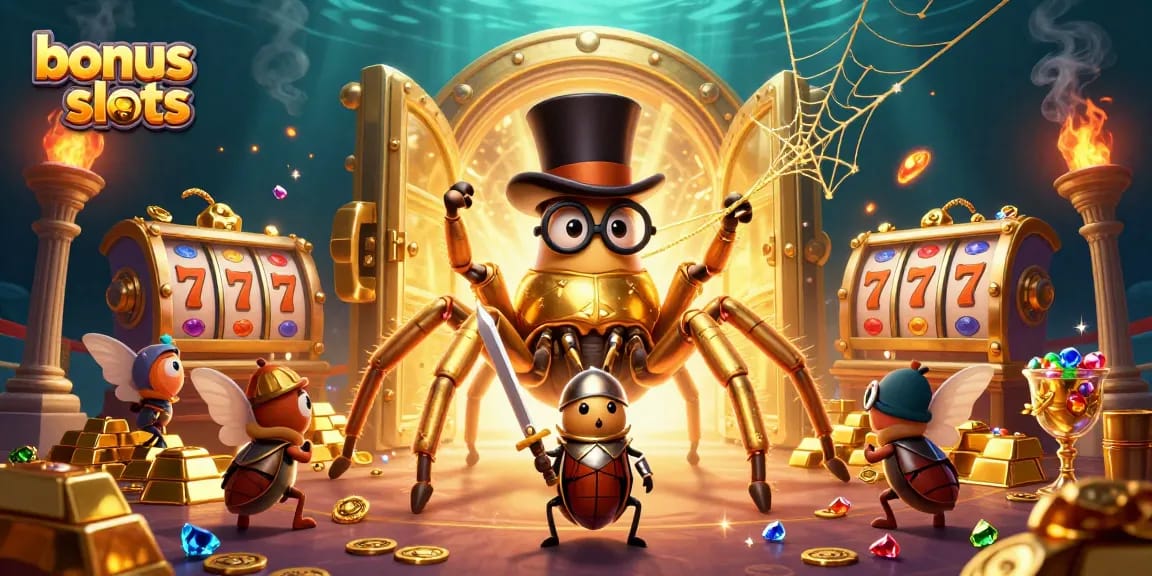 Experience thrilling bonus buy slots with vibrant 3D characters and casino elements, immersively animated in an exciting scene.