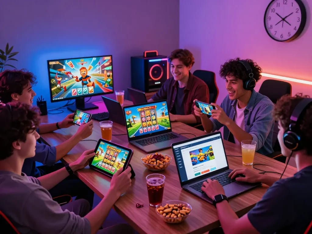 Tải Sunwin played by friends in a lively gaming setup, showcasing a vibrant gaming experience.