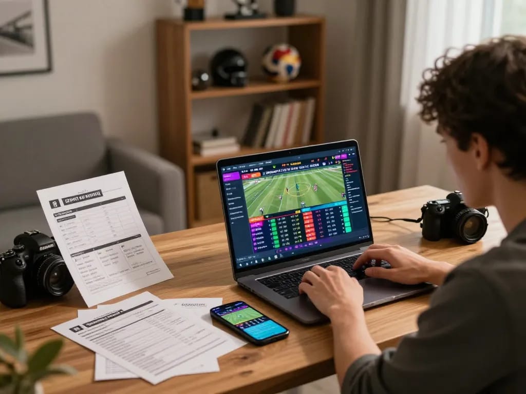 Player analyzing odds on keonhacaii88 at home with multiple betting resources and sports memorabilia.
