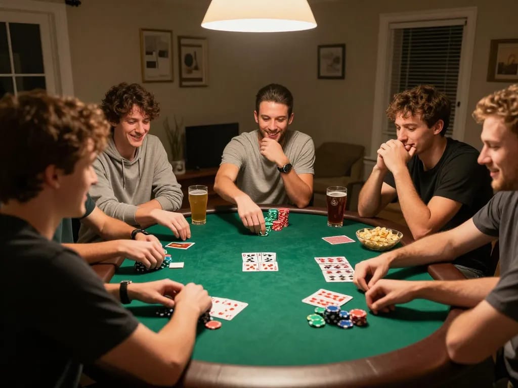 Friends enjoying a poker game night at home, highlighting social dynamics and strategic play on sumclub.