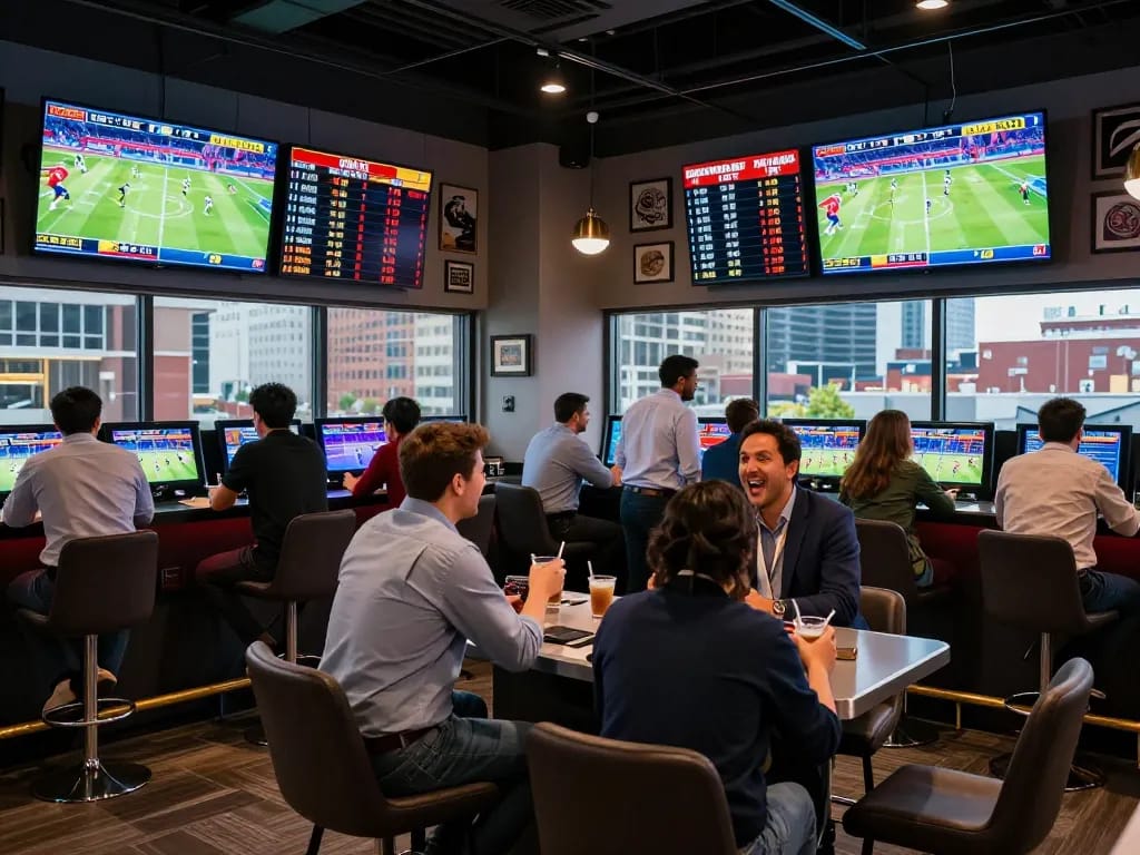 Patrons placing bets on S666 sports events in a vibrant betting lounge