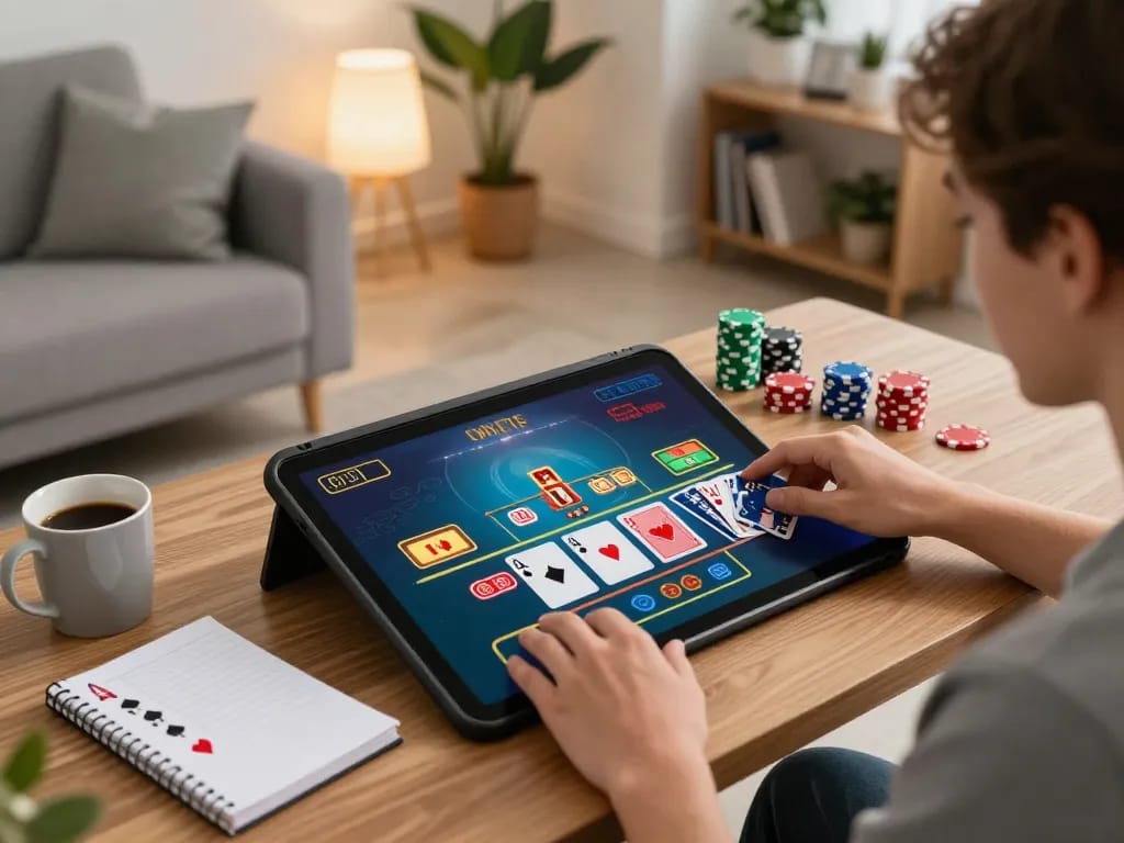 Player engaging in online poker game on tablet at home, showcasing EE88's immersive gaming experience in a cozy setting.