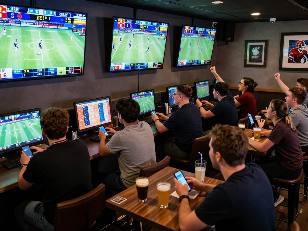 MM88 sports betting scene with enthusiastic patrons cheering during live game action.
