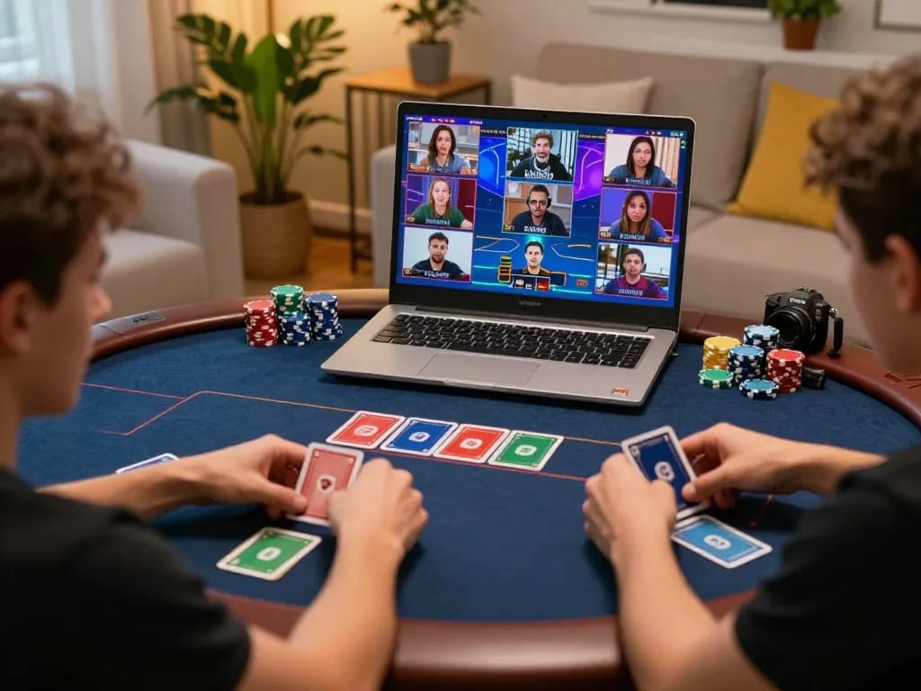 Players engaging in a strategic online poker game at LV88, showcasing a lively home gaming atmosphere.