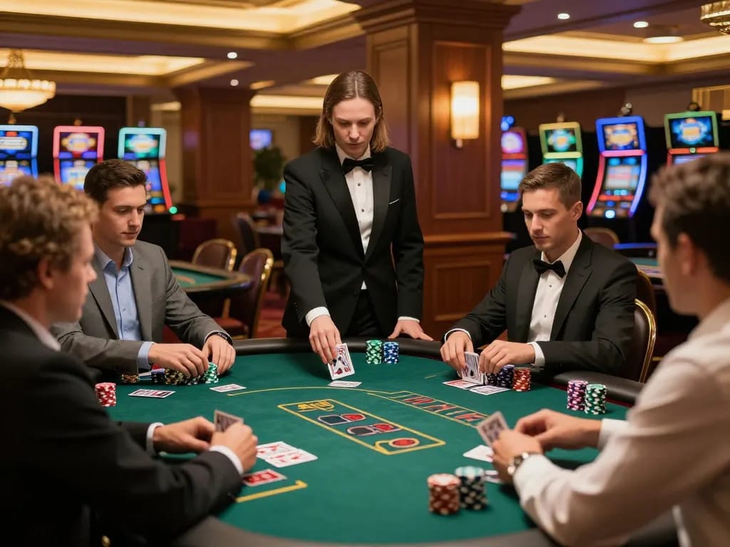 TR88 players strategizing at blackjack table with vibrant chips and cards