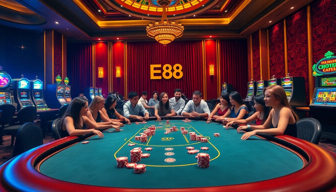 Engaging Ee88 casino experience with a vibrant poker table and thrilling roulette wheel action.
