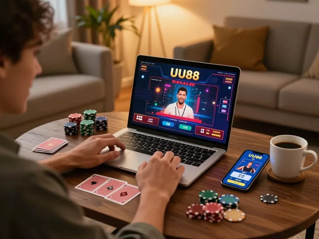 Play casino games on UU88 in a cozy home setting with poker chips and laptop.