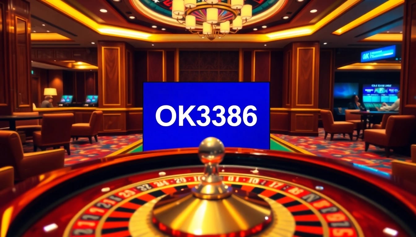 Play exciting games at OK8386's vibrant casino environment featuring roulette and slot machines.