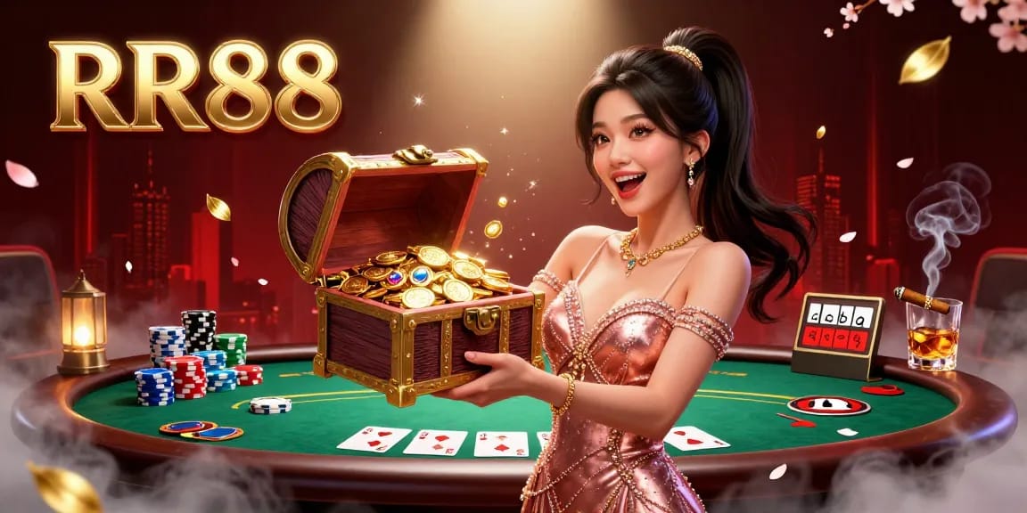 Experience thrilling gameplay at RR88 with a joyful woman presenting a treasure chest full of gems.