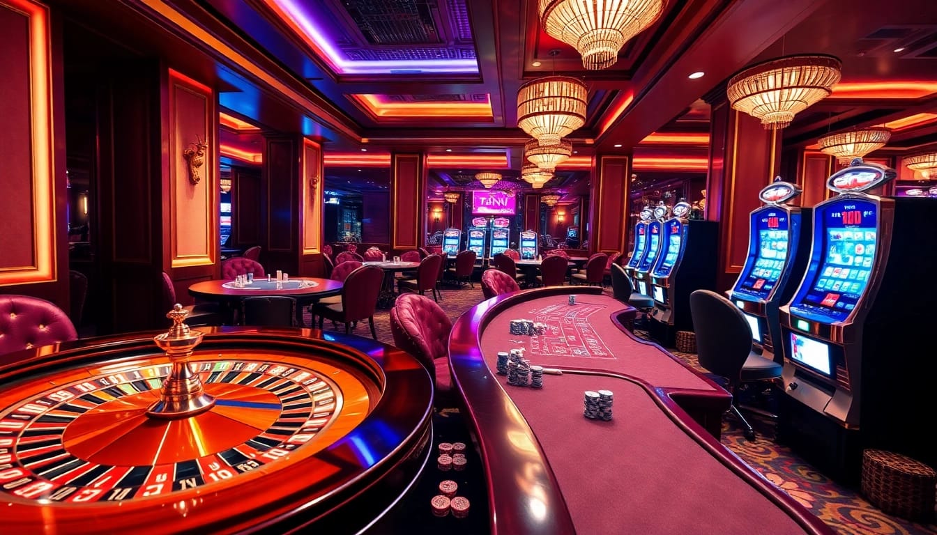 Experience the excitement of TRANG CHỦ KKWIN with a luxurious casino scene featuring roulette, poker, and vibrant slot machines.