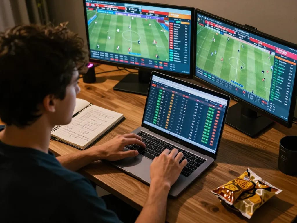 An engaged gambler using Bongdallu for live sports betting strategy during World Cup 2026