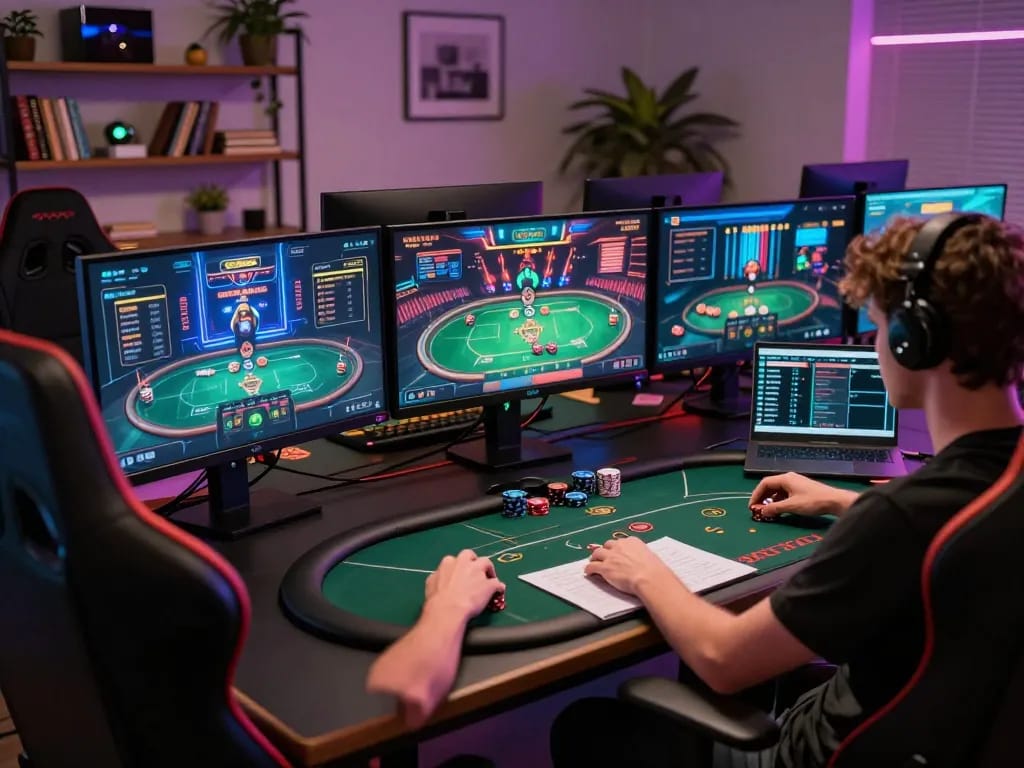 KJC engaging in an immersive online poker game at a sophisticated gaming setup.