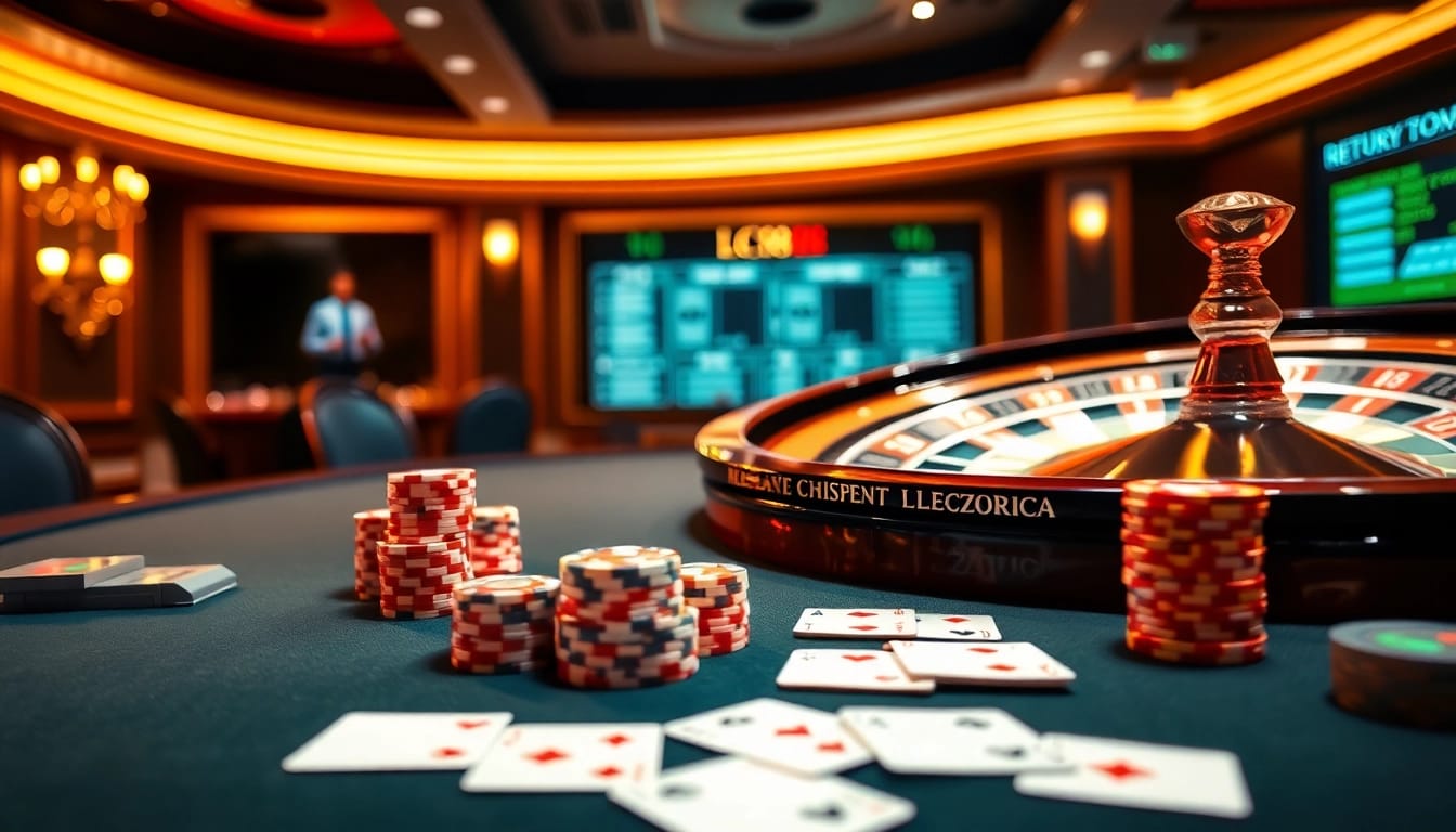Experience thrilling gambling action at LC88 casino with poker chips and a roulette wheel.