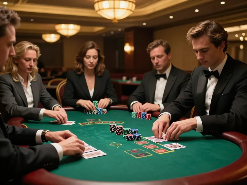 Hitclub players strategizing at a luxurious blackjack table with cards and chips