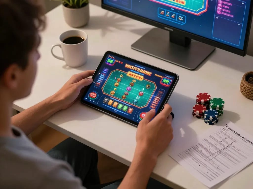 Engaging online gaming session with 98win9 tablet display, poker chips, and strategy notes in cozy atmosphere